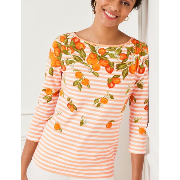 The Talbots Tee Womens Small Citrus Striped Orange Print 3/4 Sleeve Knit Top - Picture 1 of 8